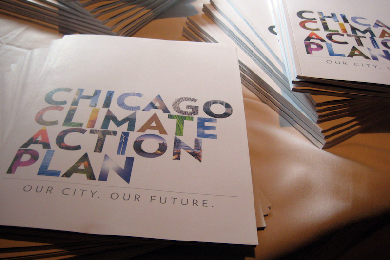 Pile of hard copies of Chicago Climate Action plan